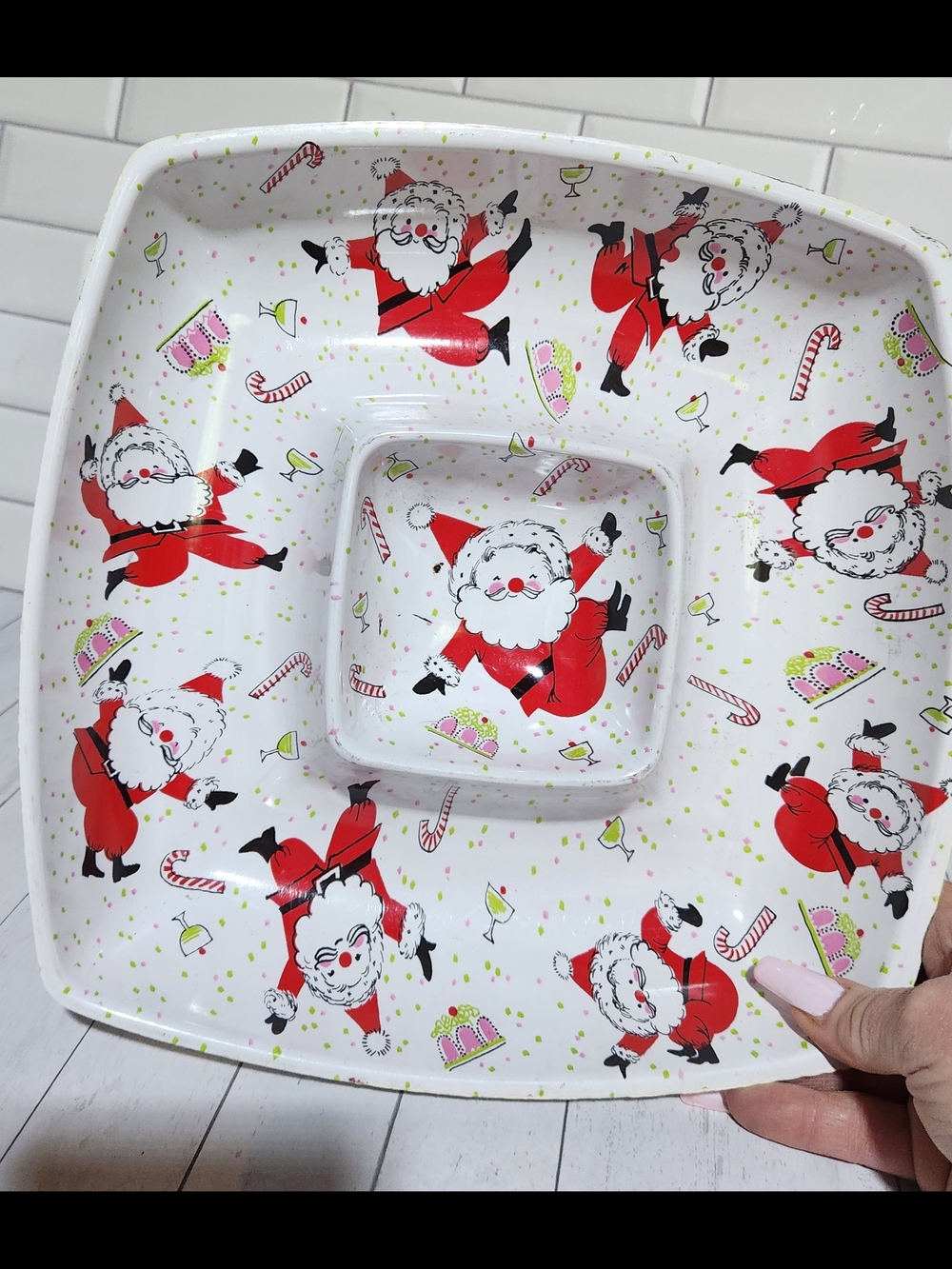 Vintage Christmas Dancing Santa Chip Dip Bowl Snack Serving Tray